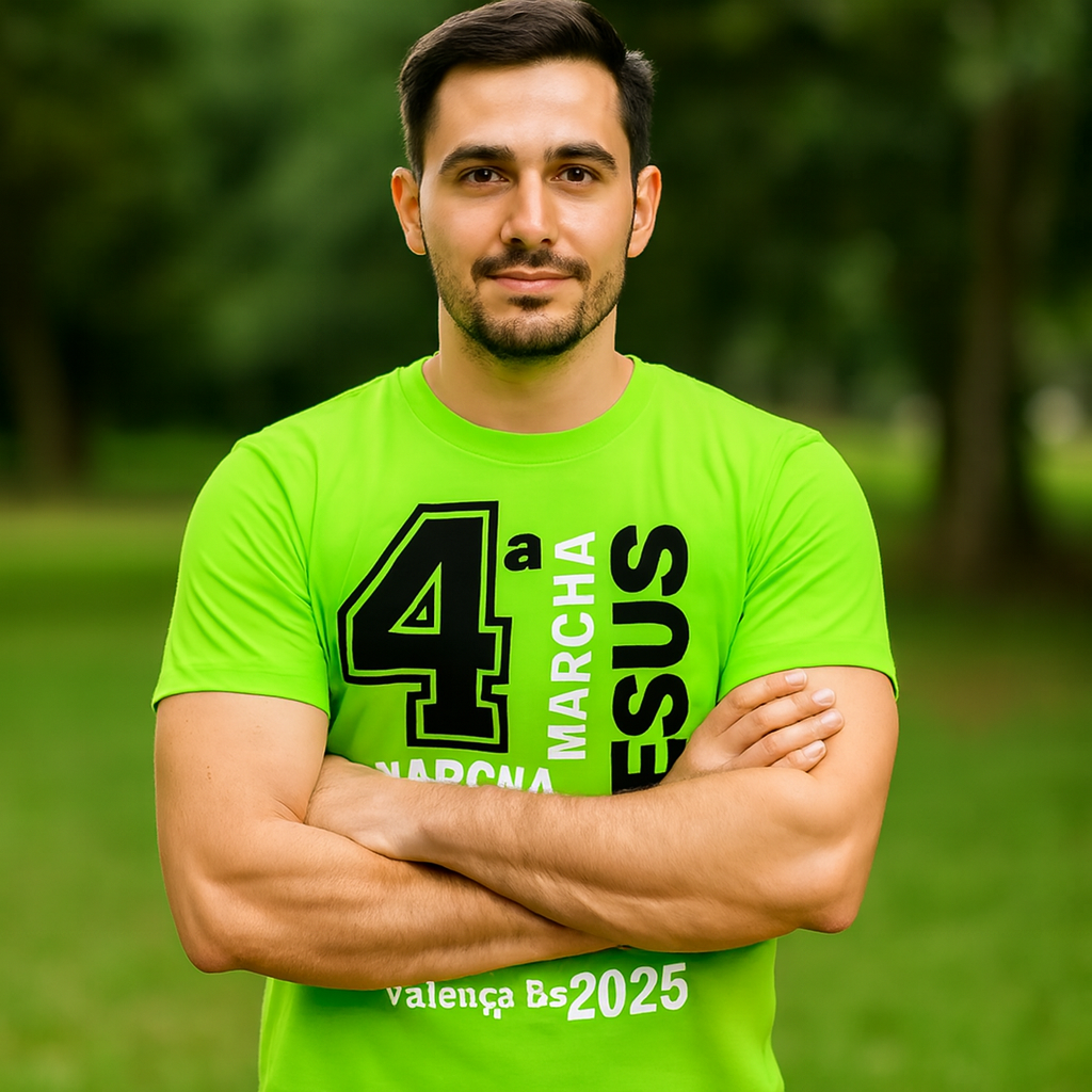 Camisa oficial da Quarta Marcha para Jesus 2025 - Vista frontal com estampa comemorativa